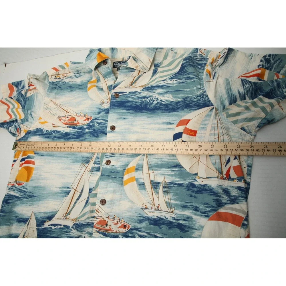 Polo Ralph Lauren Sailboat Shirt Men Large Blue Nautical Print Loop Collar